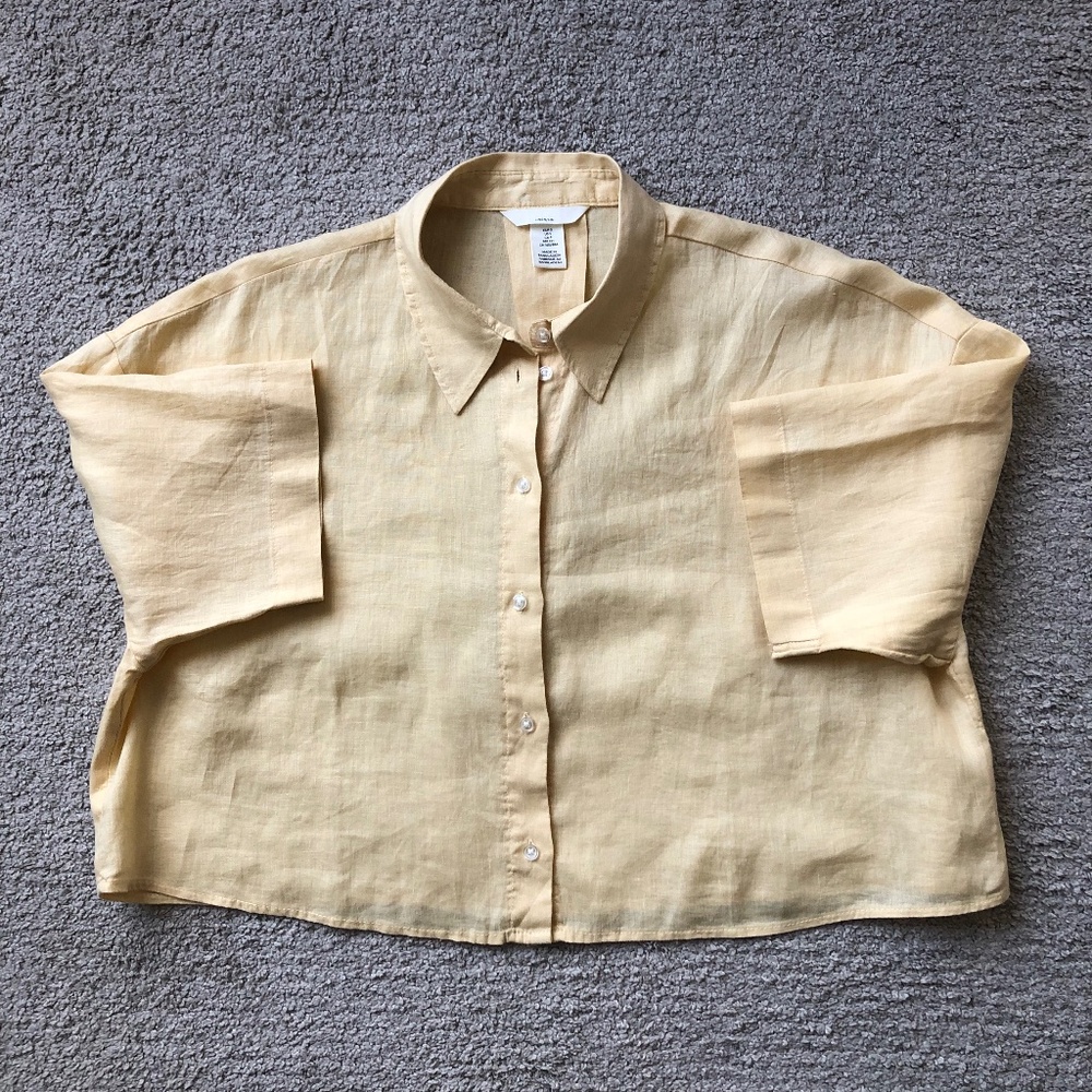 H&M Pale Yellow Cropped Button-Up Linen Top - Picture 1 of 2